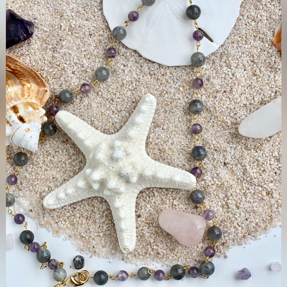 Genuine Amethyst & Labradorite Beaded Necklace with Labradorite Pendant - Picture 4 of 5